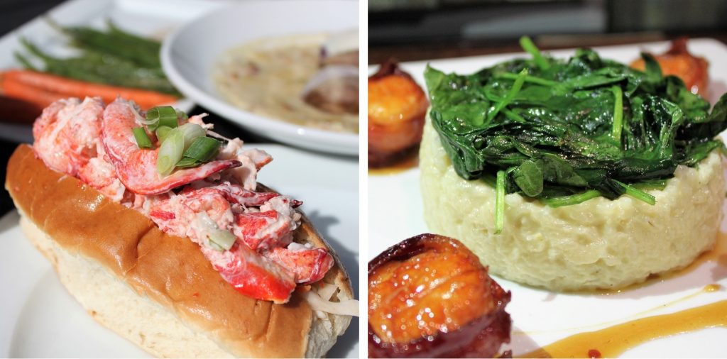 Lobster roll on a toasted bun beside pan-seared scallops with whipped potato and spinach
